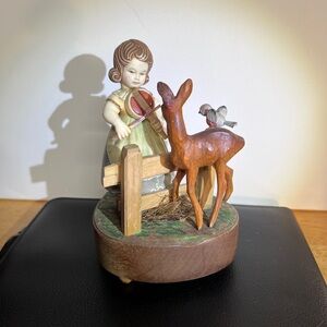 🇨🇭Vintage Music Box with Girl play violin,  Deer Bird & Fence